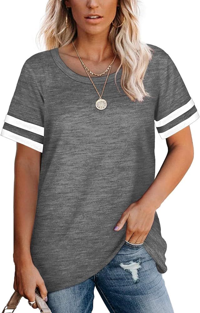 Tshirts for Womens Short Sleeve Crewneck Shirts Loose Fitting Tees Color Block | Amazon (US)