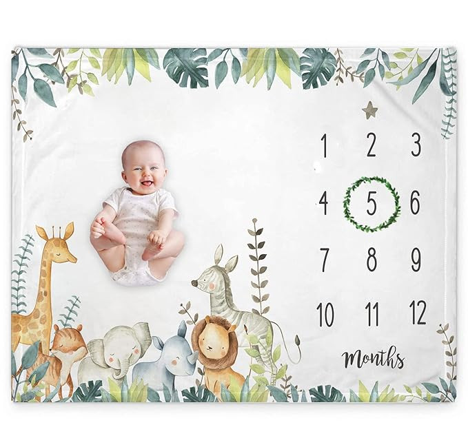 Popfavors, Yuzioey Safari Baby Monthly Milestone Blanket - Jungle Animals Growth Chart for Nurser... | Amazon (US)