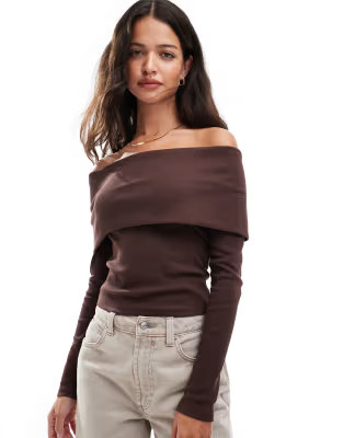 Miss Selfridge rib deep fold over bardot top in chocolate | ASOS (Global)