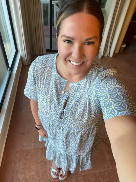 Another outfit from our vacation! I loved this gorgeous print and sleeves on this dress. This will be in my closet a long time. It can be dressed up or down or even worn as a coverup. I paired it with these fun silver wedge sneaker style sandals to keep it fun! They go with so much!

#LTKtravel #LTKshoecrush #LTKfindsunder100