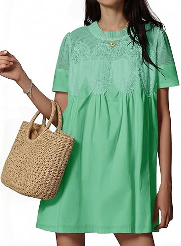 Wenrine Womens Lace Mini Dress Summer Short Sleeve Crewneck Sheer Mesh Casual Loose Ruffle Babydo... | Amazon (US)