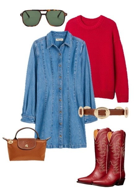 Country concert outfit 
County fair outfit 
Rodeo outfit
Western style 
Red cowboy boots
Denim dress 
Mini longchamp pants 
Red sweater

#LTKSeasonal #LTKSaleAlert