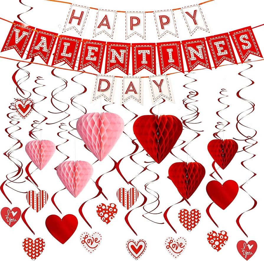 JOYIN 31 Pcs Valentines Day Decoration Kit with 1 Happy Valentine's Day Banner, 8 Foil Swirls, 14... | Amazon (US)