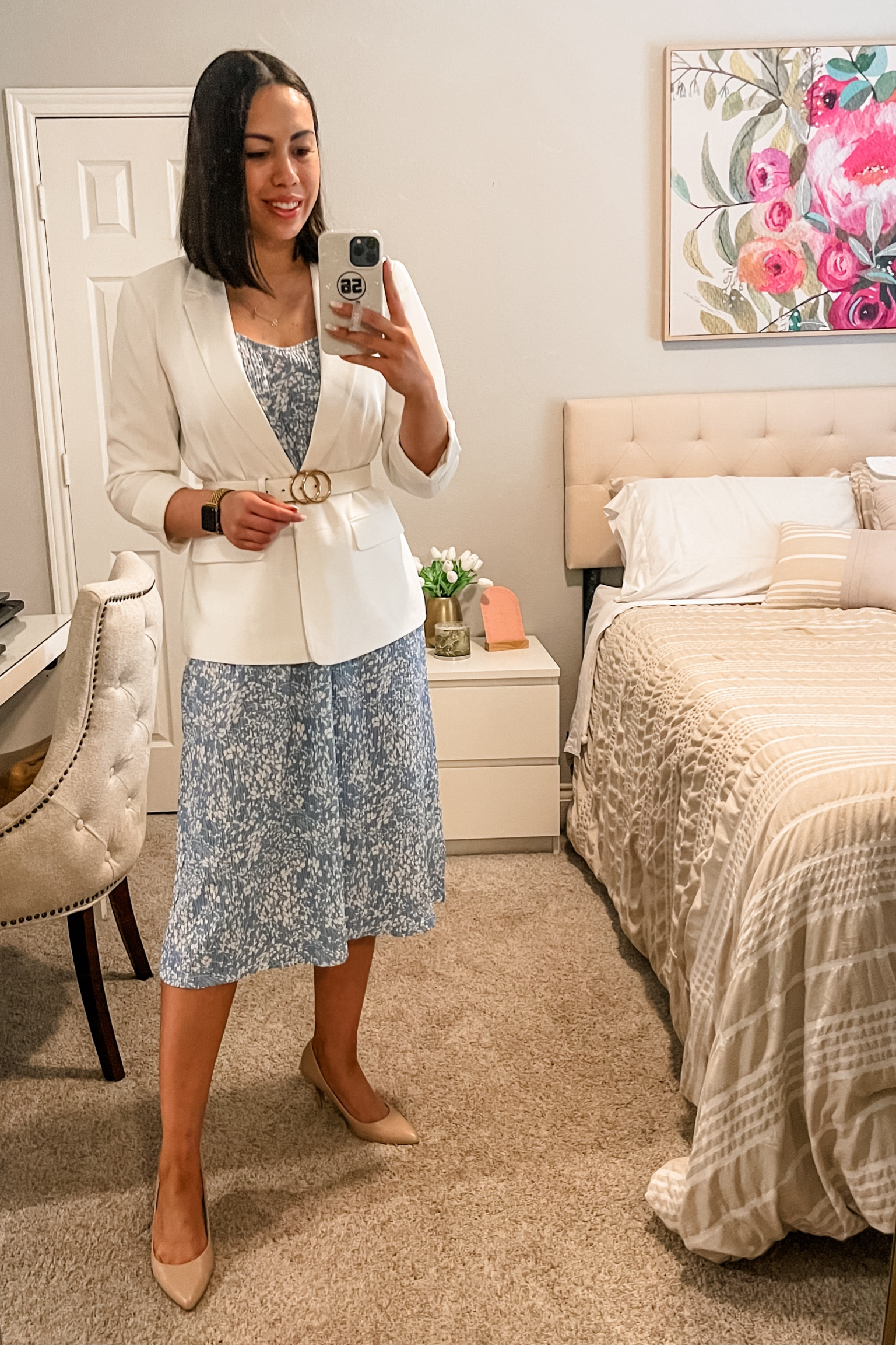 Spring Workwear // Spring Outfit // White Blazer // White Belt 

- White Blazer: Size 6
- Nude Pumps: Size 8

#LTKstyletip #LTKSeasonal #LTKfindsunder50