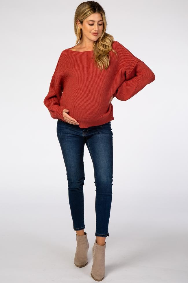 Rust Off Shoulder Bubble Sleeve Maternity Sweater | PinkBlush Maternity