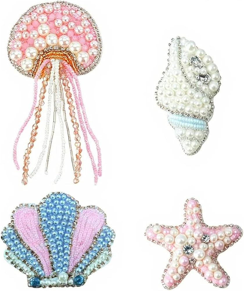 AHANDMAKER 4Pcs 4 Styles Beaded Patch Pink Jellyfish Conch, Shells, Starfish Sew on Patches Appli... | Amazon (US)