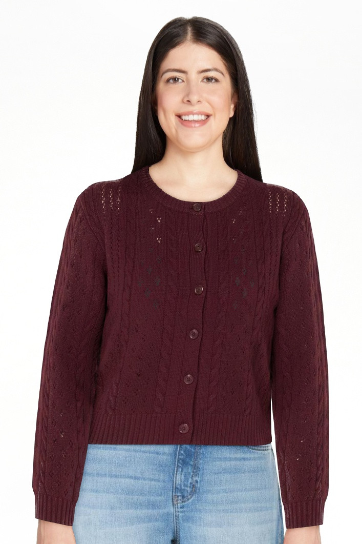Celebrity Pink Women's Pointelle Crew Neck Cardigan Sweater, Sizes XS-4X | Walmart (US)