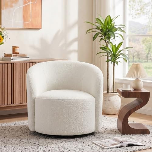 KINWELL 34" W Mid Century Modern Boucle Swivel Barrel Chair, Cream | Amazon (US)