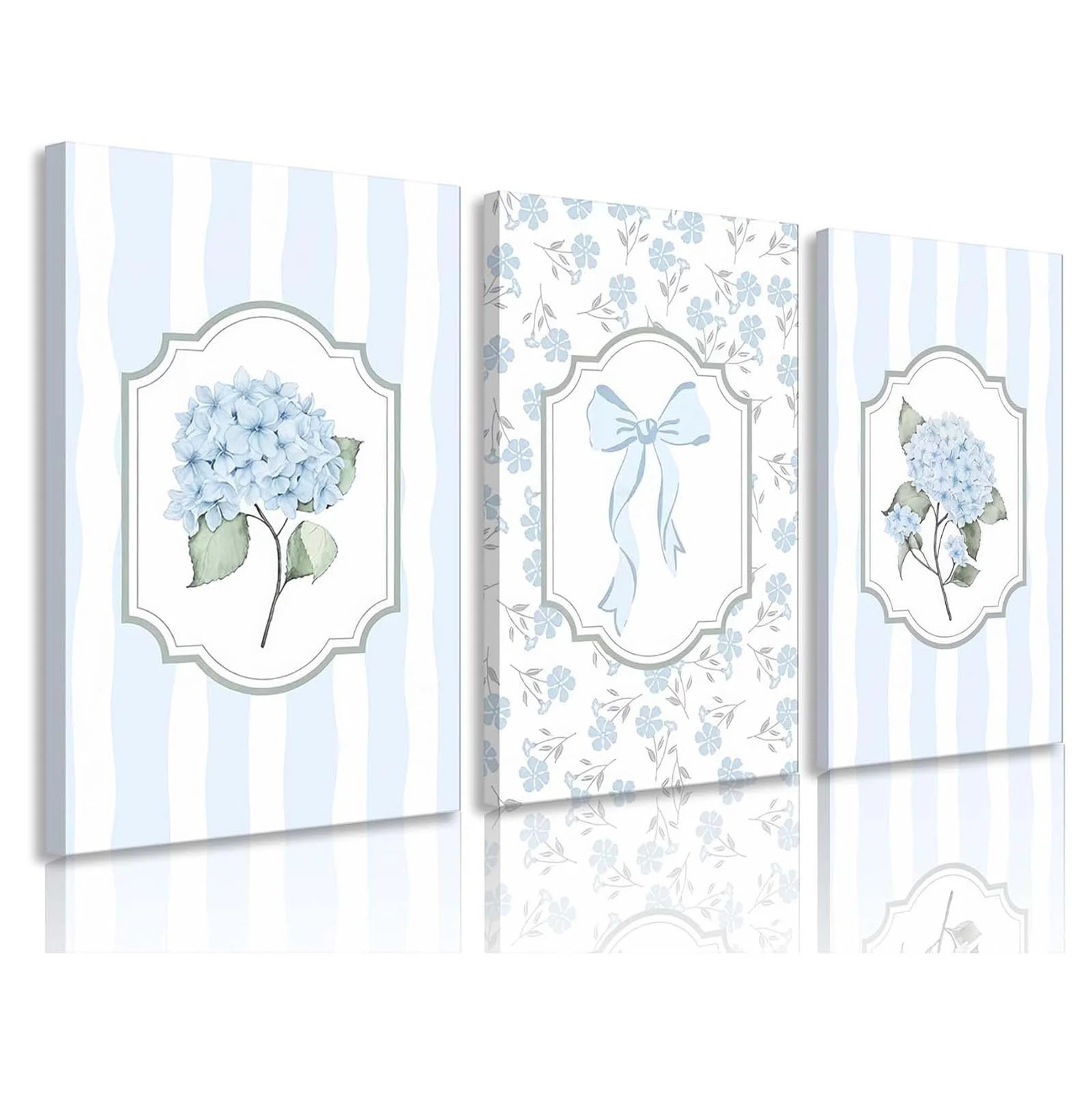 3Pcs Framed Light Blue Hydrangea Bow Canvas Wall Art Trendy Striped Flower Botanical Wall Decor P... | Wayfair North America