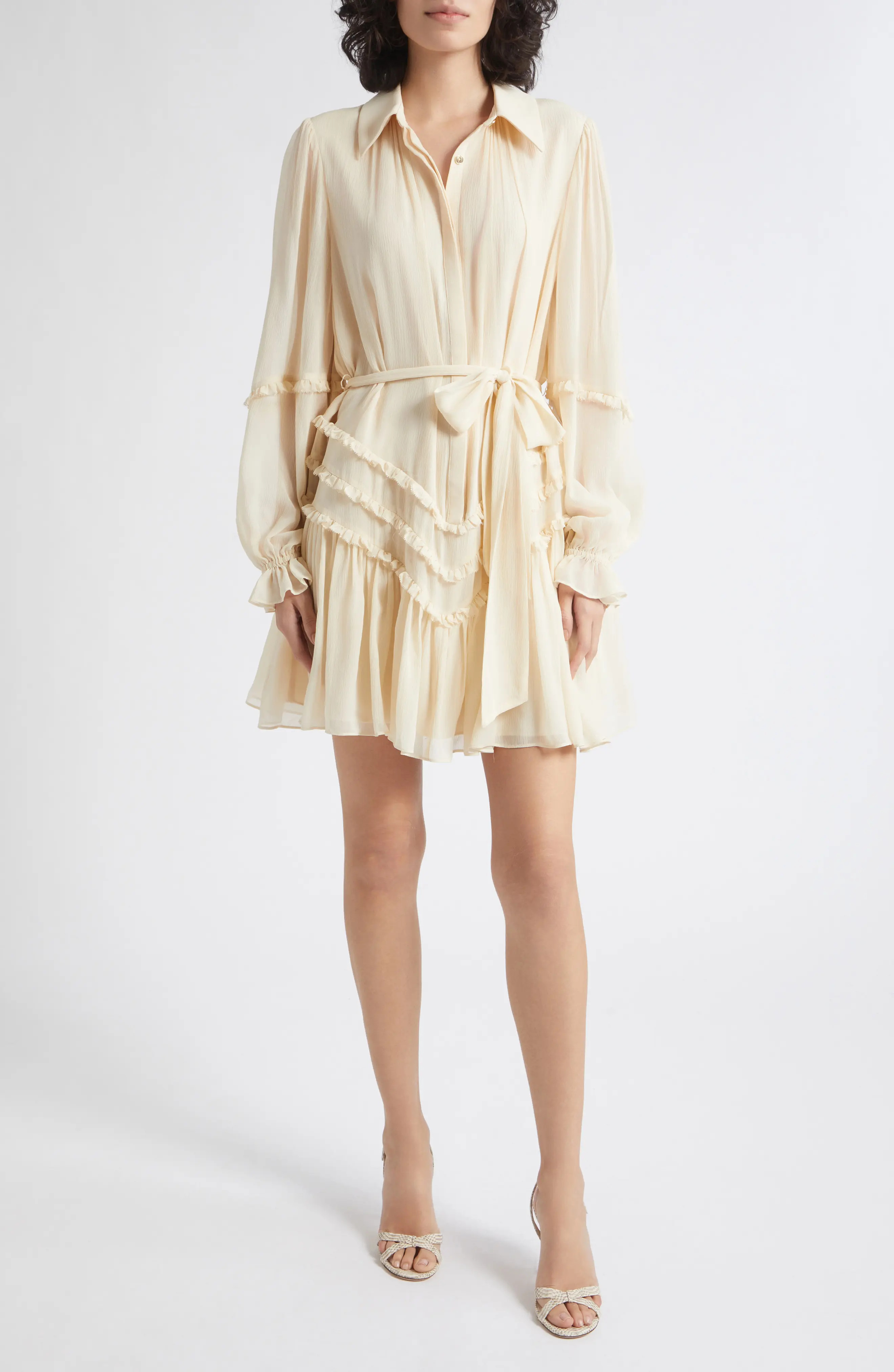 Ramy Brook Maya Ruffle Detail Long Sleeve Silk Mini Shirtdress in Bone at Nordstrom, Size Small | Nordstrom