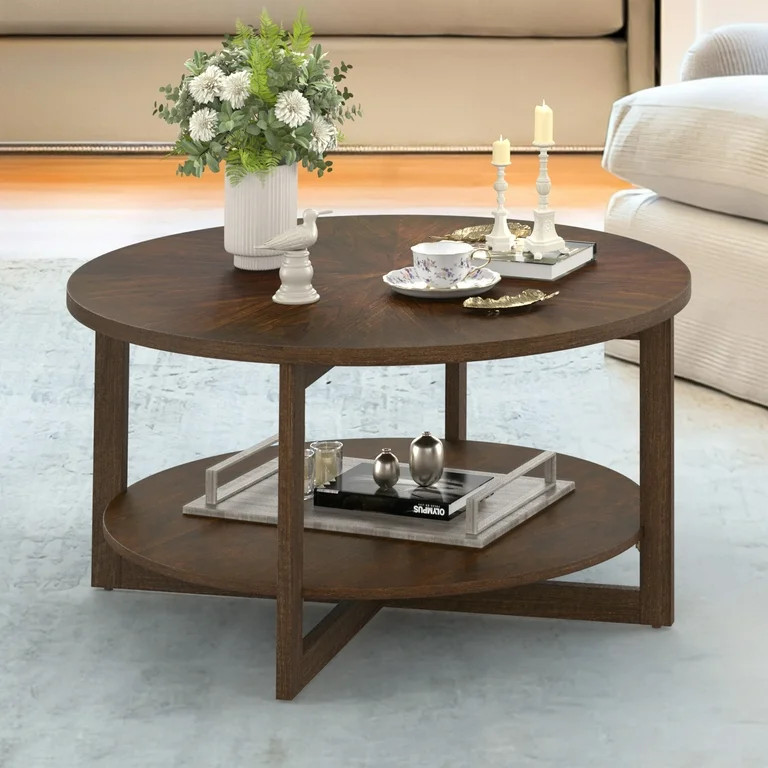 Dycanpo 35'' Wood Round Coffee Table with Storage for Living Room,Dark Walnut - Walmart.com | Walmart (US)