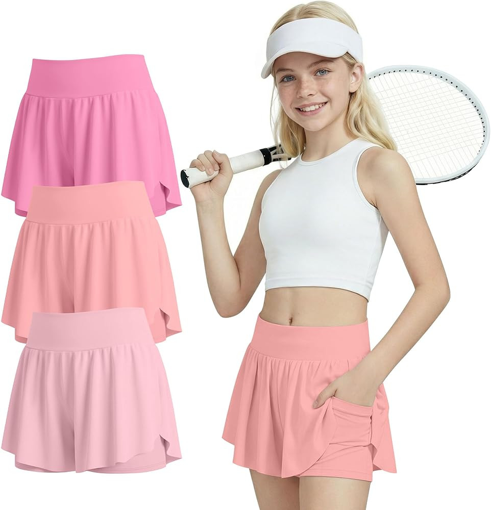 Paquete de 3 pantalones cortos deportivos fluidos para ni\u00f1a, con cintura el\u00e1stica, fald... | Amazon (US)