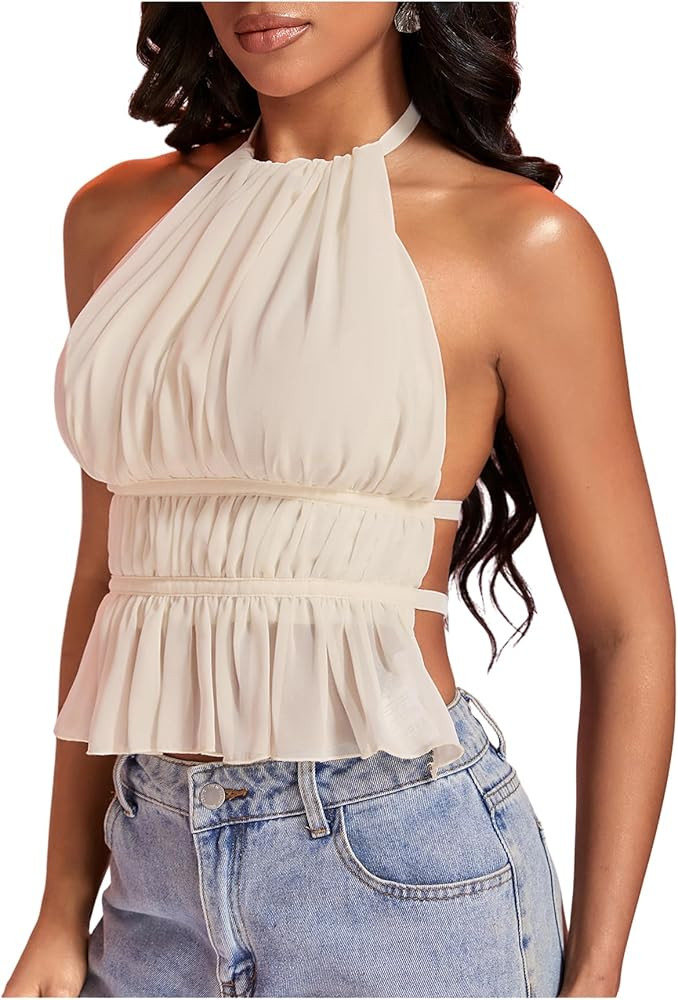 Milumia Women's Sexy Pleated Ruffle Hem Halter Top Backless Sleeveless Party Club Tops | Amazon (US)