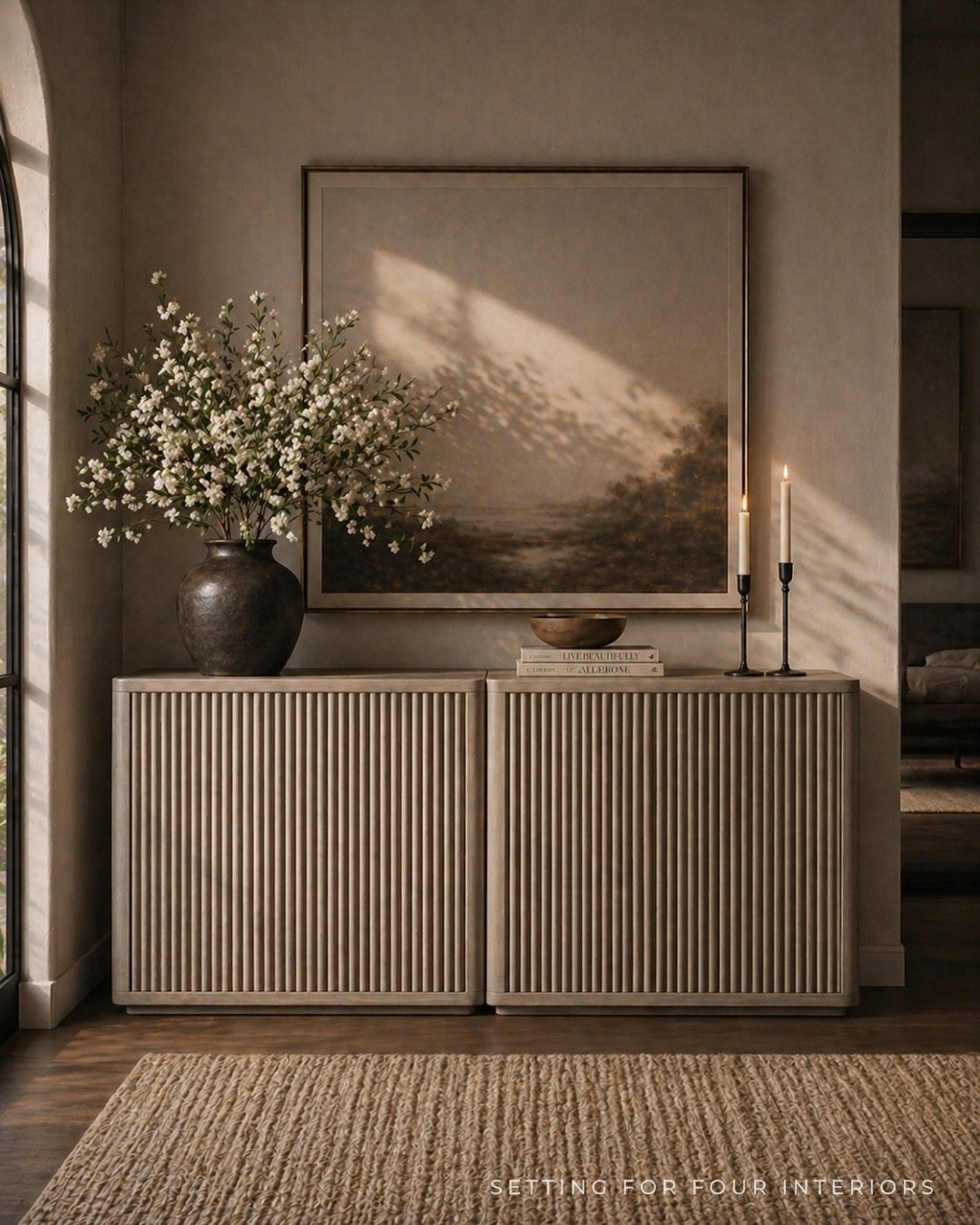 Neutral entryway cabinets and decor. Wall art, sofa, rug, home decor, Restoration Hardware style, Pottery barn style, Nancy Meyers, earthy, moody, organic modern, transitional, neutral aesthetic.

#LTKHome #LTKSaleAlert #LTKSeasonal