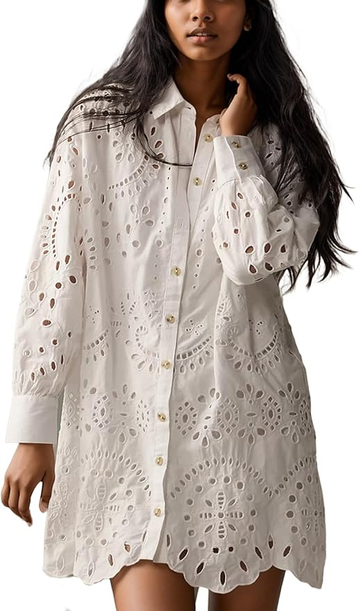 Women’s Button Down Shirt Dress Solid Eyelet Embroidery Cover Up Dress Casual Oversized Long Sl... | Amazon (US)