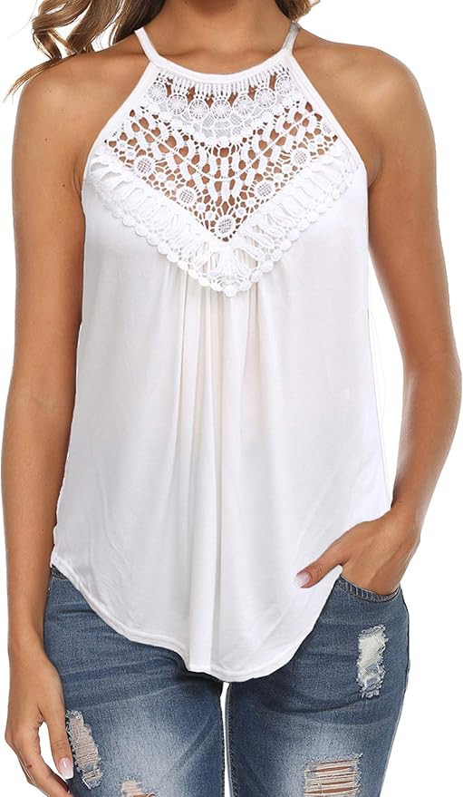 Bluetime Women's Summer Halter Spaghetti Strap Lace Flowy Tank Tops Cami Shirts | Amazon (US)