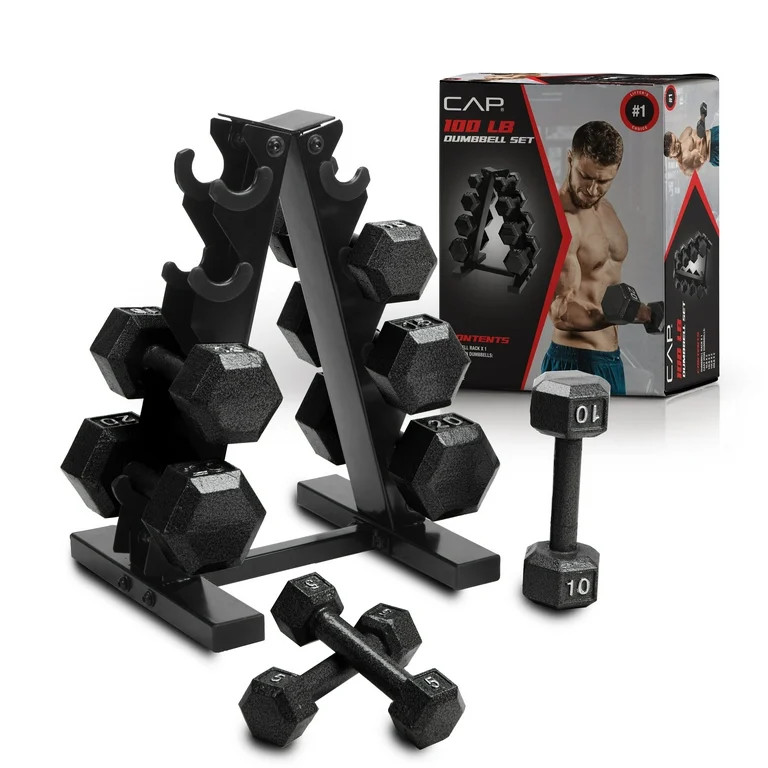 Cap Barbell 100 lb Cast Iron Hex Dumbbell Weight Set with Rack, Black | Walmart (US)