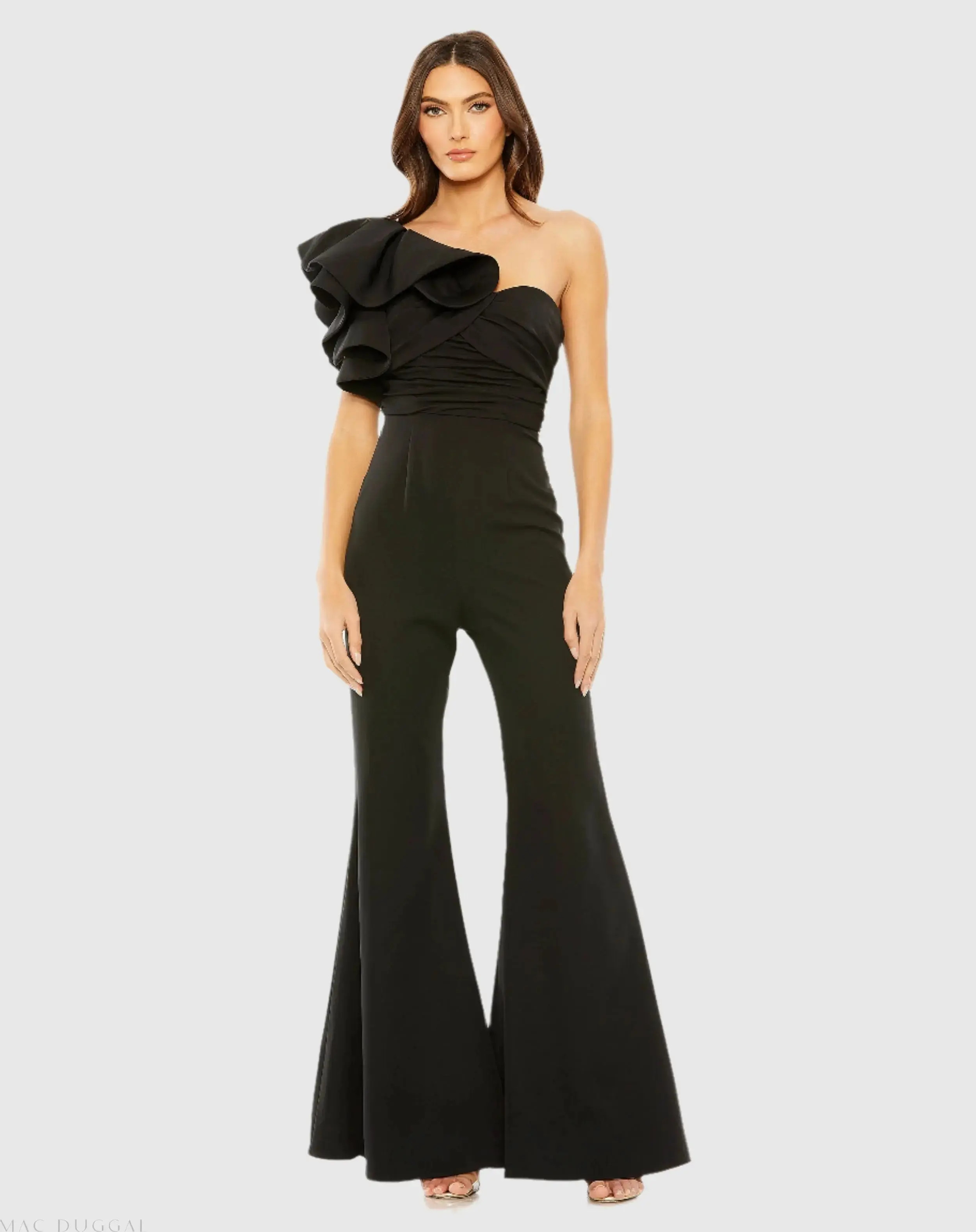 One Shoulder Ruffle Detail Flare Pant Jumpsuit - Mac Duggal | Mac Duggal