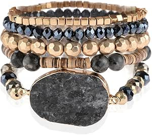 RIAH FASHION Bohemian Multi Layer Beaded Strand Stack Bracelets - Sparkly Crystal, Natural Stone ... | Amazon (US)