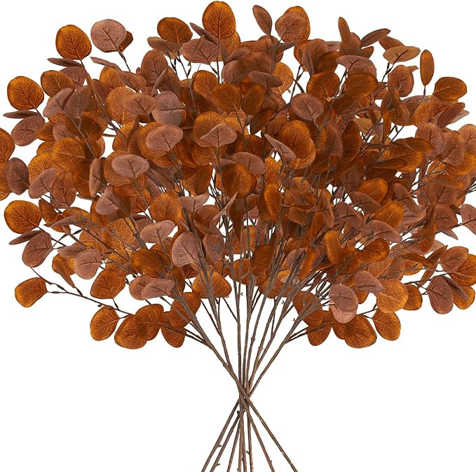8pcs Fall Artificial Eucalyptus Leaves Faux Stems, Brown Silk Silver Dollar Eucalyptus Branch, Fa... | Amazon (US)