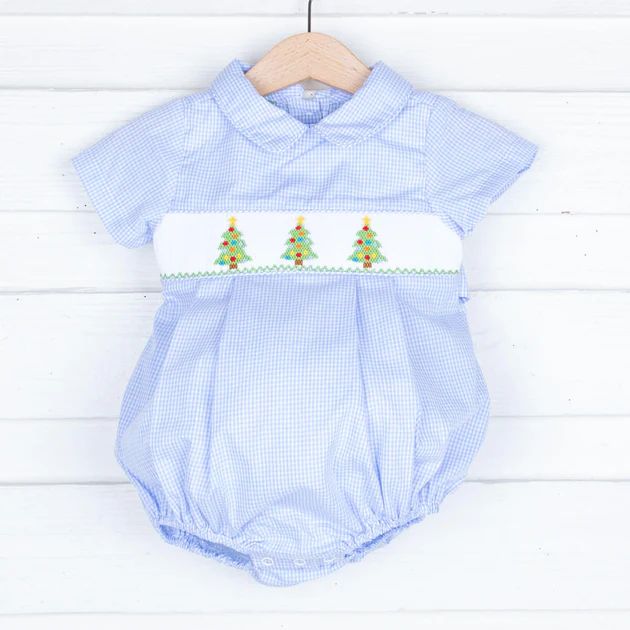 Smocked Trees Light Blue Gingham Collared Bubble | Classic Whimsy