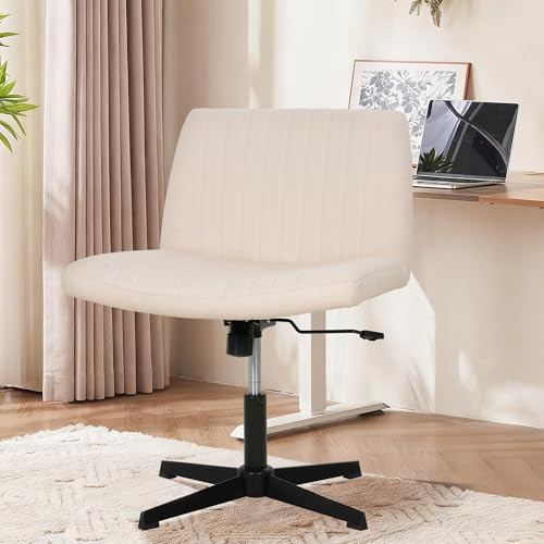 MKDLUFEI Cross Legged Office Chair Criss Cross Chair No Wheels Height Adjustable Armless Wide Desk Chair for Home Office Vanity Desk Chair Comfy Computer Task Seating (Beige) | Amazon (US)