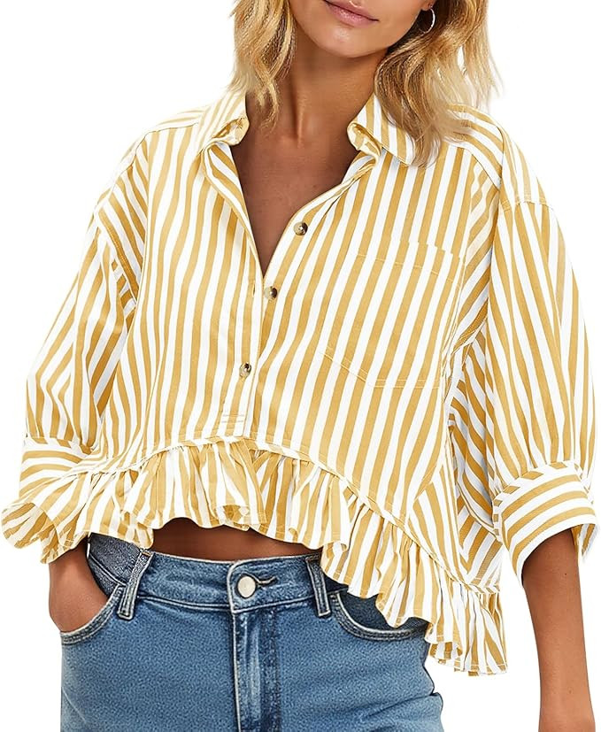 Cicy Bell Womens Cropped Striped Button Down Shirts Ruffle 3/4 Length Sleeve Summer Tops Dressy C... | Amazon (US)