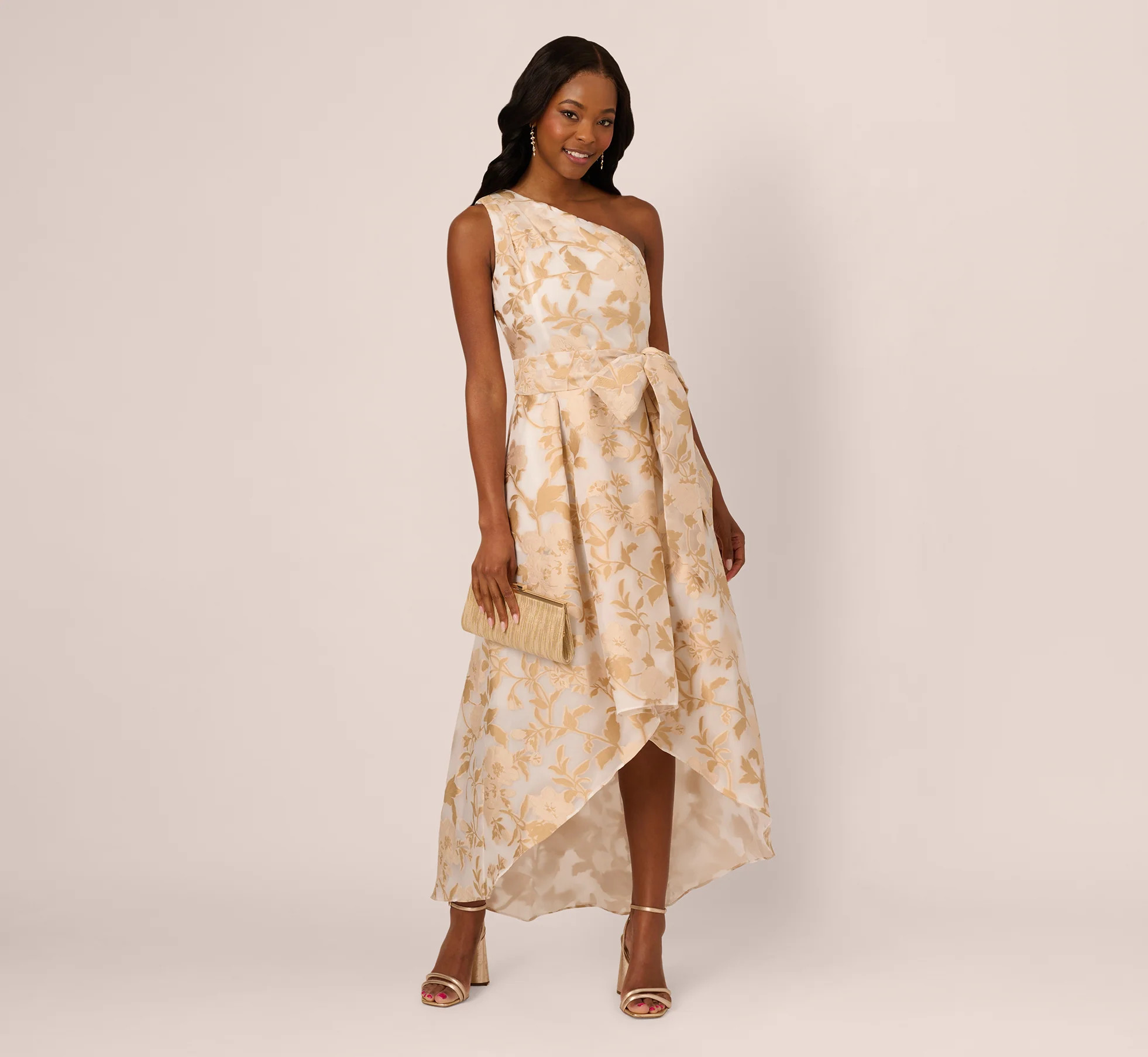 Beige One Shoulder Organza Jacquard High Low Gown - Adrianna Papell | Adrianna Papell