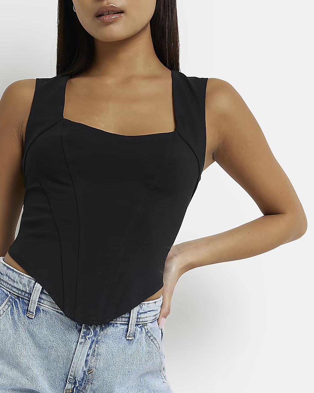 River Island Womens Petite black corset cropped top | River Island (US)