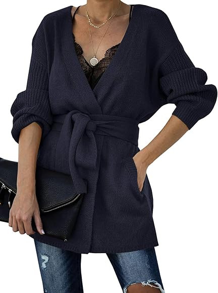 Auburet Womens Wrap Tie Waist Cardigan Sweater Lightweight Oversized Long Sleeve Open Front Knitted  | Amazon (US)