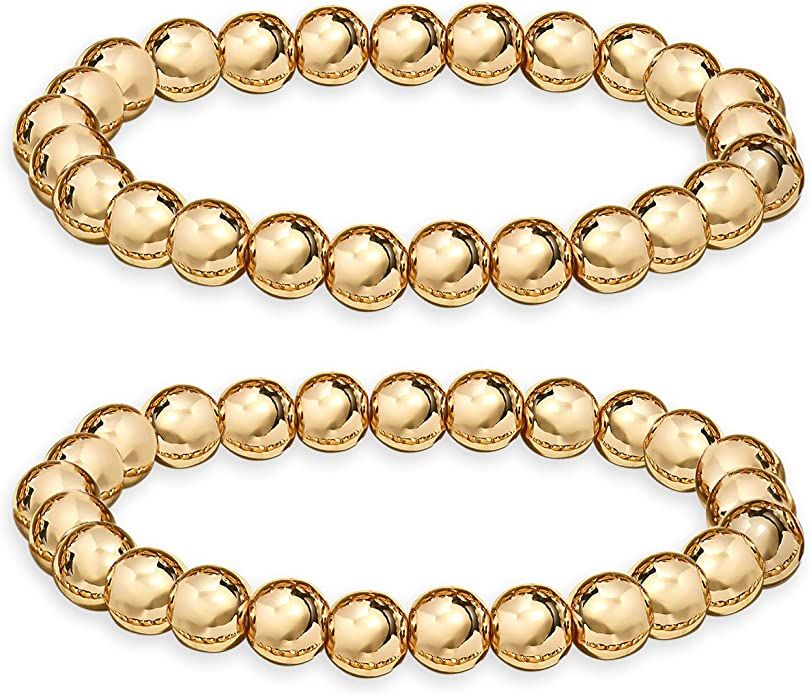 HZEYN Gold Beaded Bracelets for Women Stackable Flat Brass Bead Ball Stretch Bracelet Bangle for ... | Amazon (US)
