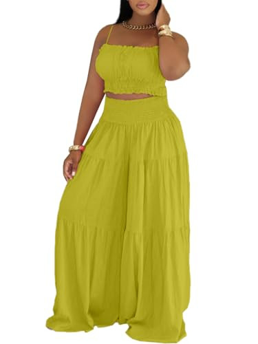 Amazon.com: Ophestin 2 Piece Sets for Women Summer Smocked Sleeveless Crop Top Wide Leg Pants Mat... | Amazon (US)