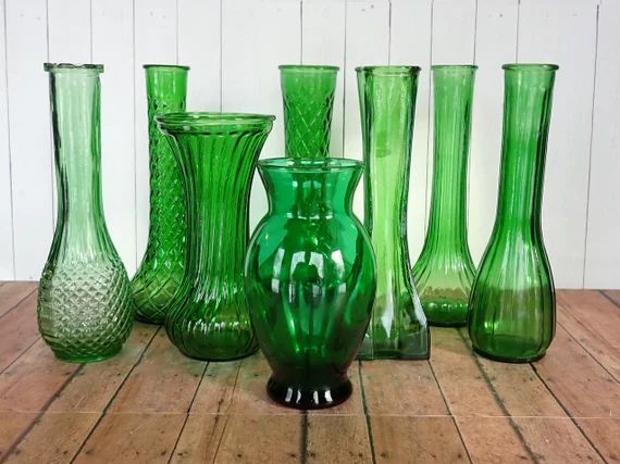 Vintage Green Glass Vase Set of 8 Diamond Star Floral Pattern | Etsy | Etsy (US)