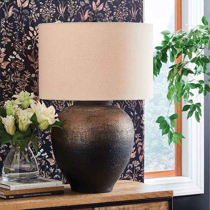 Textured rustic metal base, Cotton drum shade, Adjustable 3-way brightness, Large industrial styl... | Amazon (US)