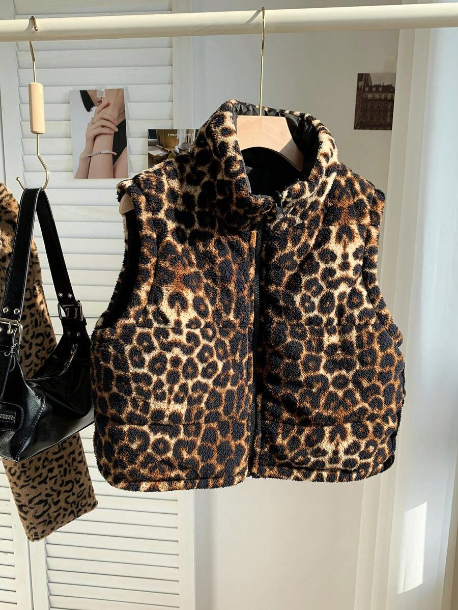 Comfortcana Autumn Winter Casual Leopard Print Stand Collar Zip Up Sleeveless Puffer Vest Coat,
D... | SHEIN