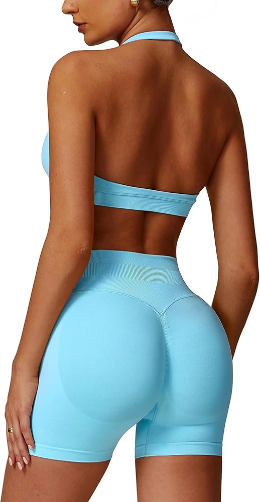 ABOCIW Workout Sets for Women 2 Piece seamless Halter Sports Bra Scrunch Butt Impact Shorts Gym Y... | Amazon (US)