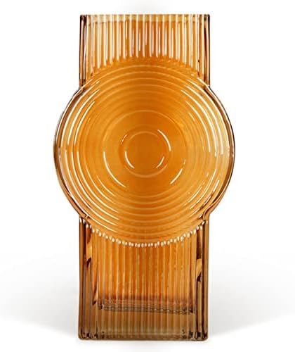Amber Glass Vase for Modern Burnt Orange Decor, Hand Blown Geometric Circle Vase, 9” Ribbed Vas... | Amazon (US)