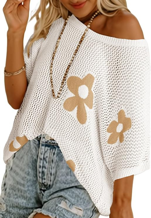 Womens Floral Fashion Summer Tops 2026 Short Sleeve Crochet Sweaters Swimsuit Cover Ups Lightweig... | Amazon (US)