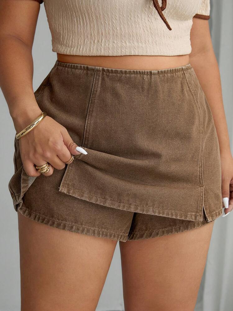 SHEIN Elenzya Plus Size Plain Color A-Line Denim Skirt, Casual Style, Campus Fashion | SHEIN