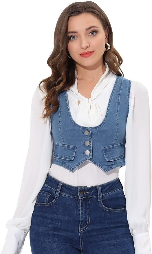 Allegra K Denim Vintage Crop Jacket for Women's Sleeveless Button Up Jean Waistcoat Vest | Amazon (US)