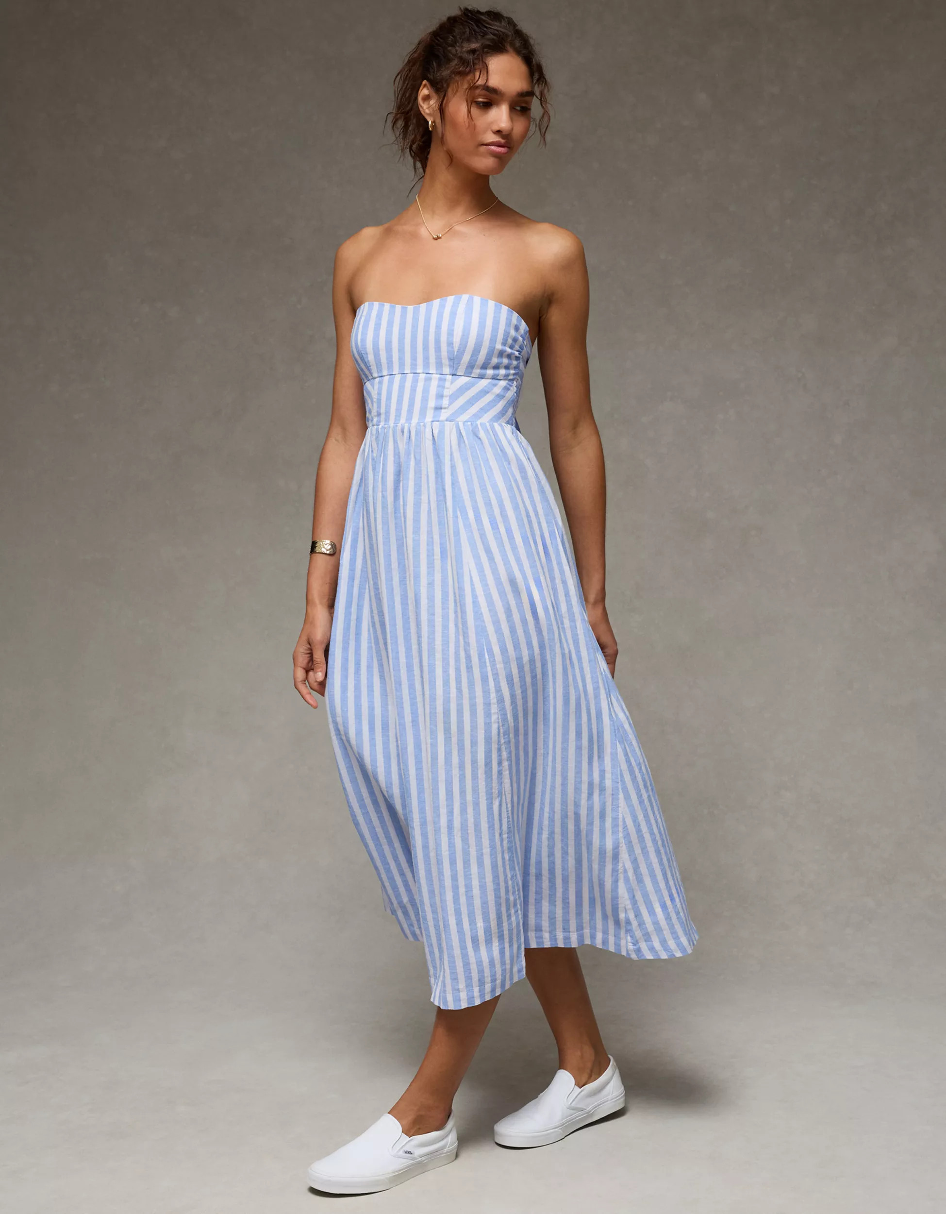 AE Strapless Corset Midi Dress | American Eagle Outfitters (US & CA)
