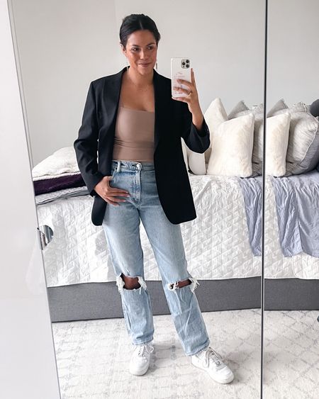Cool basics in neutral colors make for a cute casual Saturday night outfit! Wearing a size medium Abercrombie seamless tank, size 30 long destructed Abercrombie straight leg jeans, size medium ASOS blazer, size 11 Nike Air Force ones  

#LTKunder100 #LTKstyletip #LTKSeasonal
