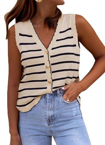 HVT Vest Tops for Women V Neck Striped Sweater Vests 2025 Summer Vacation Button Up Outfits Spring Tops Beige | Amazon (US)