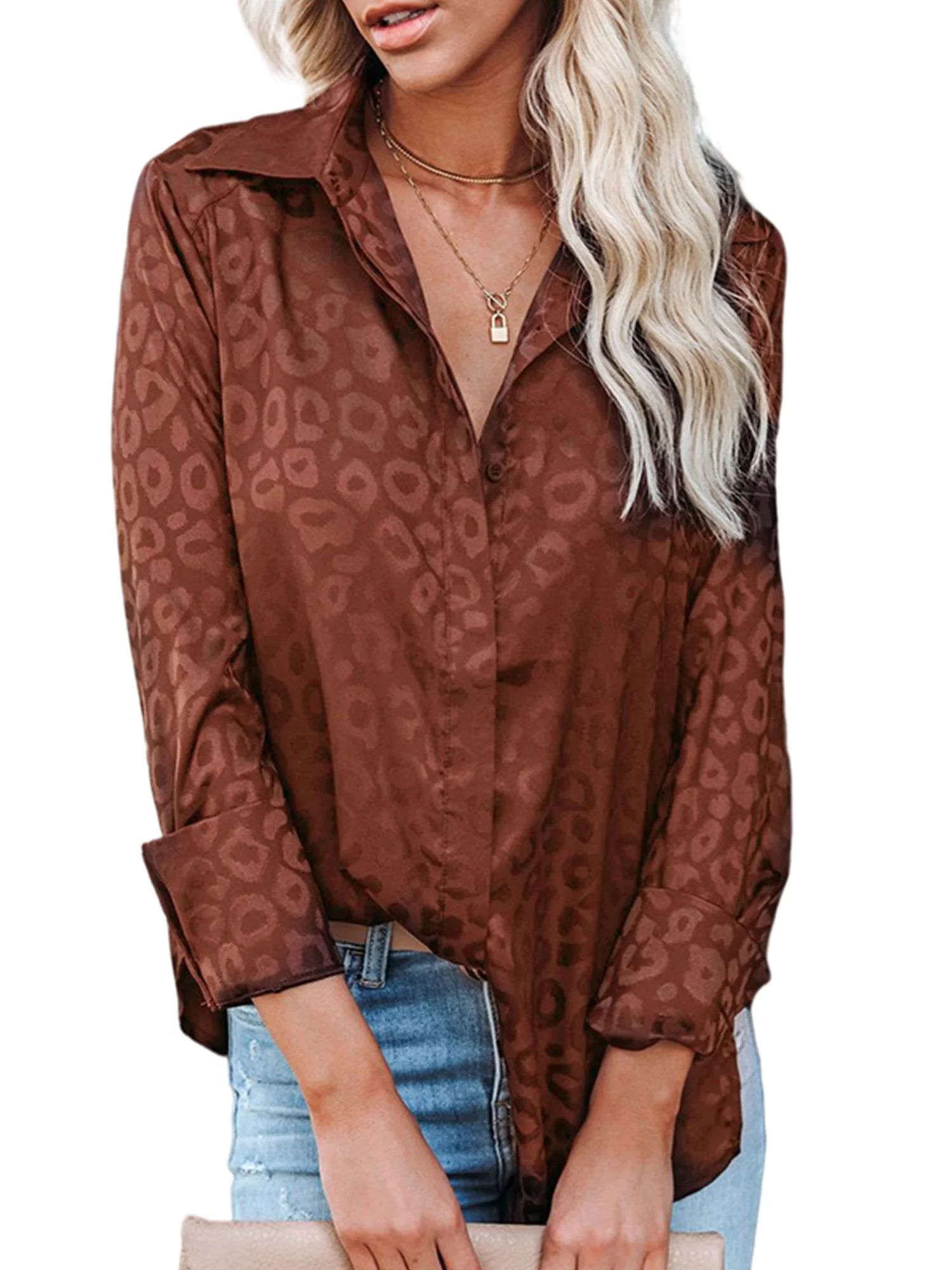 Nieur Women Fashion Button Down V Neck Shirts Long Sleeve Leopard Jacquard Blouse Roll Up Cuffed ... | Walmart (US)
