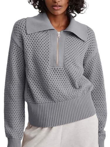 Doshoop Women's Half Zip Pullover Sweaters Crochet Lapel Collar Long Sleeve Knit Solid Color Jump... | Amazon (US)
