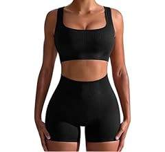 Workout Outfits for Women 2 Piece Seamless Ribbed High Waist Leggings with Sports Bra Exercise Se... | Amazon (US)