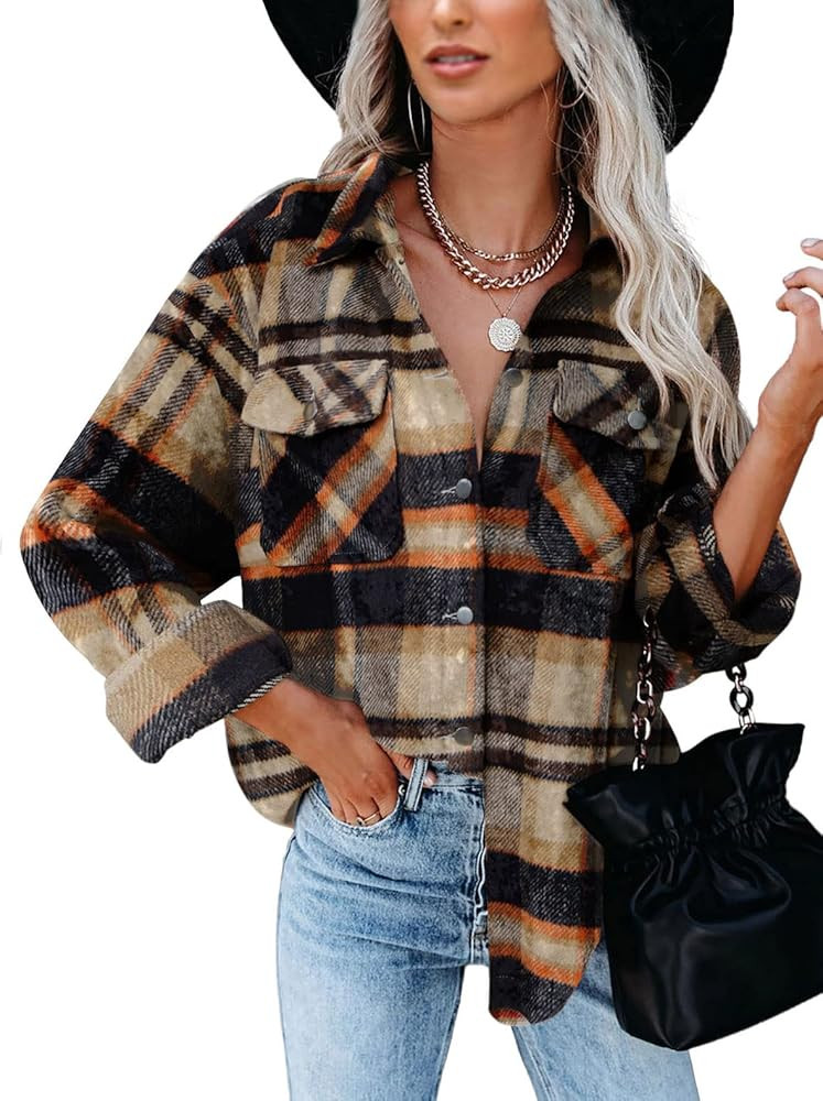 BTFBM Women Corduroy Shacket Jacket 2023 Long Sleeve Button Down Casual Plaid Flannel Shirts Boyf... | Amazon (US)