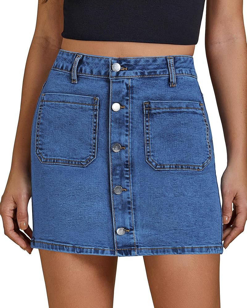 luvamia Jean Skirts for Women Denim High Waisted Trendy Stretchy Mini Button Front Short Pencil S... | Amazon (US)