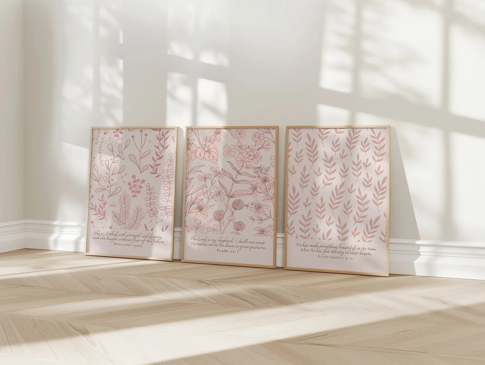 Christian Wall Art Set of 3, Girls Room Decor, Botanical Bible Verse Prints, Pretty Light Pink Nu... | Etsy (US)