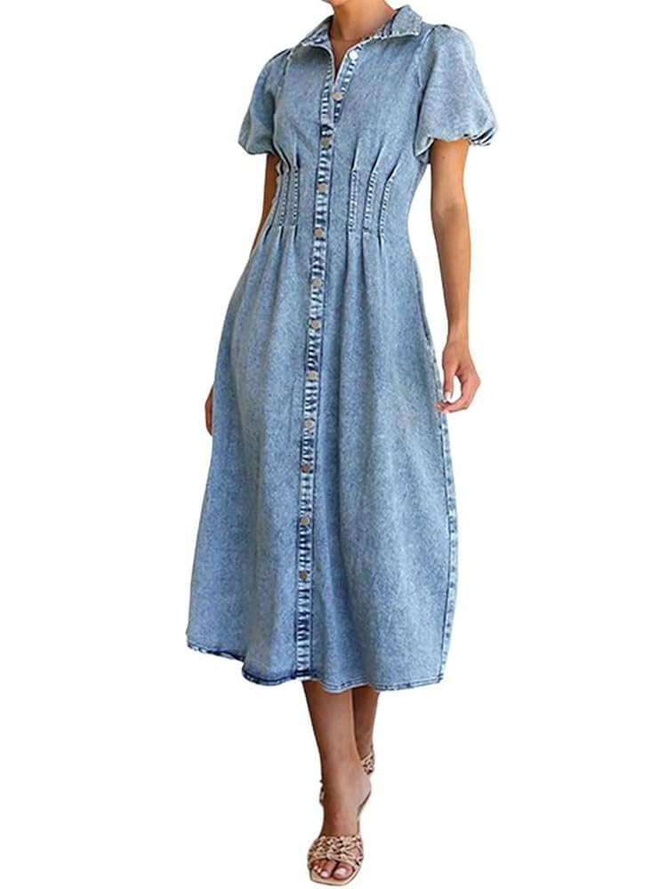 utcoco Women Long Denim Dress Puff Sleeve Button Down Casual Slim Fit Midi Jean Shirt Dress | Amazon (US)